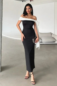 Elegant Fitted Knit Evening Dress with Shoulder Bow Detail