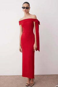 Elegant Fitted Knit Evening Dress with Shoulder Bow Detail
