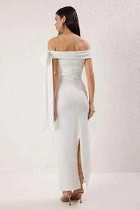 Elegant Fitted Knit Evening Dress with Shoulder Bow Detail