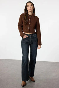 Cropped Soft-Textured High Neck Knit Cardigan