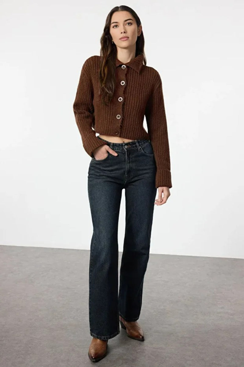 Cropped Soft-Textured High Neck Knit Cardigan