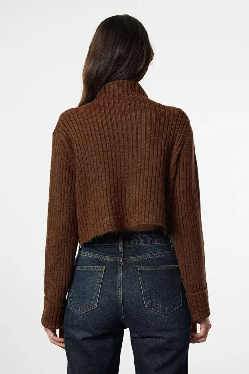 Cropped Soft-Textured High Neck Knit Cardigan