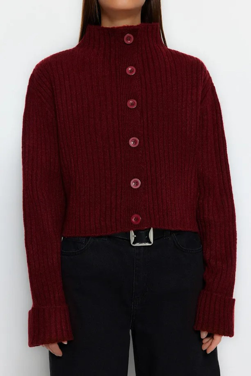 Cropped Soft-Textured High Neck Knit Cardigan