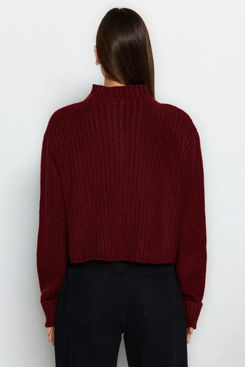 Cropped Soft-Textured High Neck Knit Cardigan