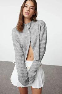 Cropped Soft-Textured High Neck Knit Cardigan