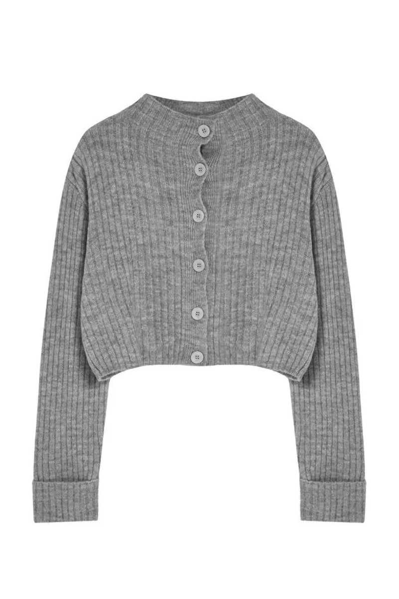 Cropped Soft-Textured High Neck Knit Cardigan