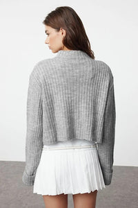 Cropped Soft-Textured High Neck Knit Cardigan
