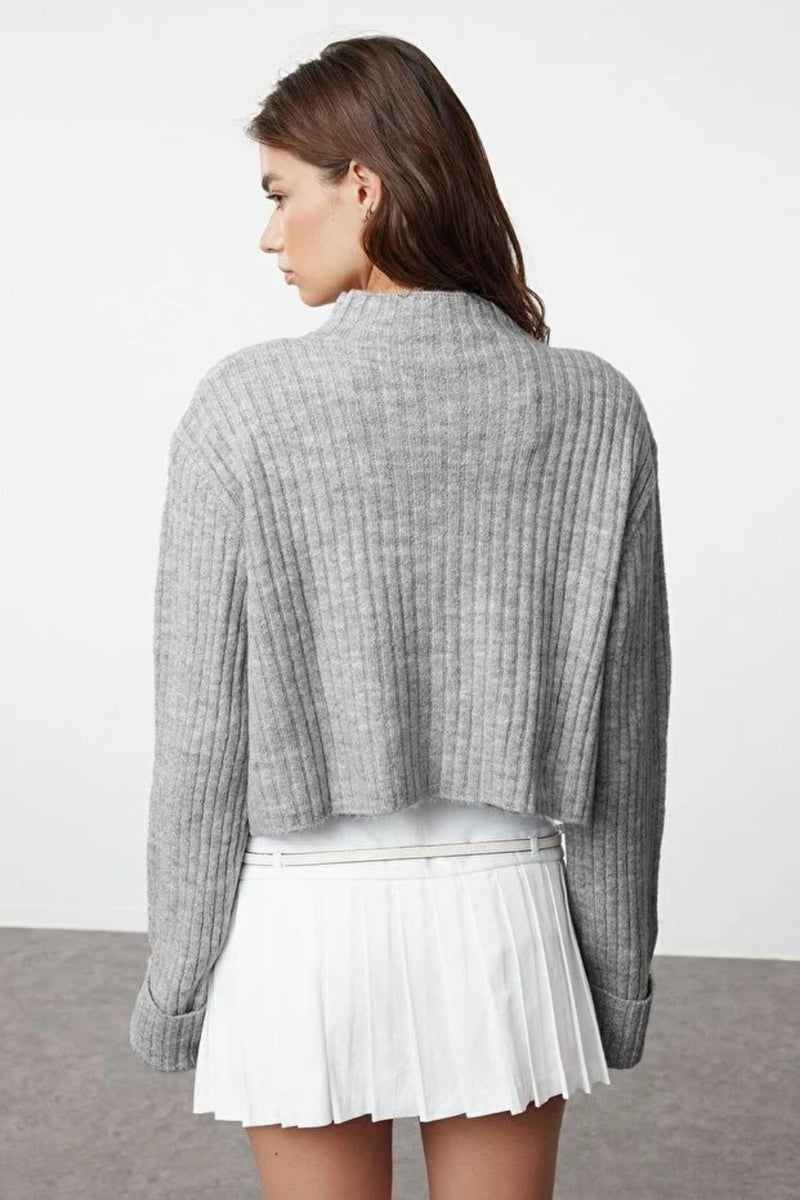 Cropped Soft-Textured High Neck Knit Cardigan