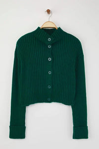 Cropped Soft-Textured High Neck Knit Cardigan