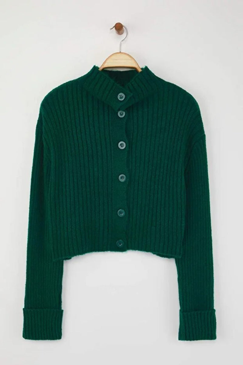 Cropped Soft-Textured High Neck Knit Cardigan