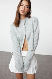 Cropped Soft-Textured High Neck Knit Cardigan