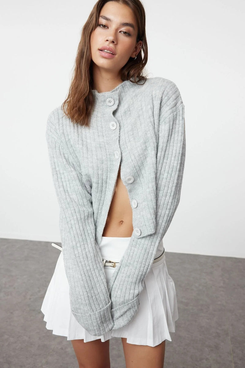 Cropped Soft-Textured High Neck Knit Cardigan