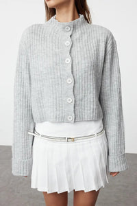 Cropped Soft-Textured High Neck Knit Cardigan
