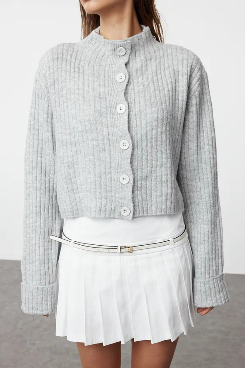 Cropped Soft-Textured High Neck Knit Cardigan