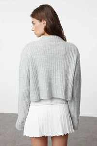 Cropped Soft-Textured High Neck Knit Cardigan