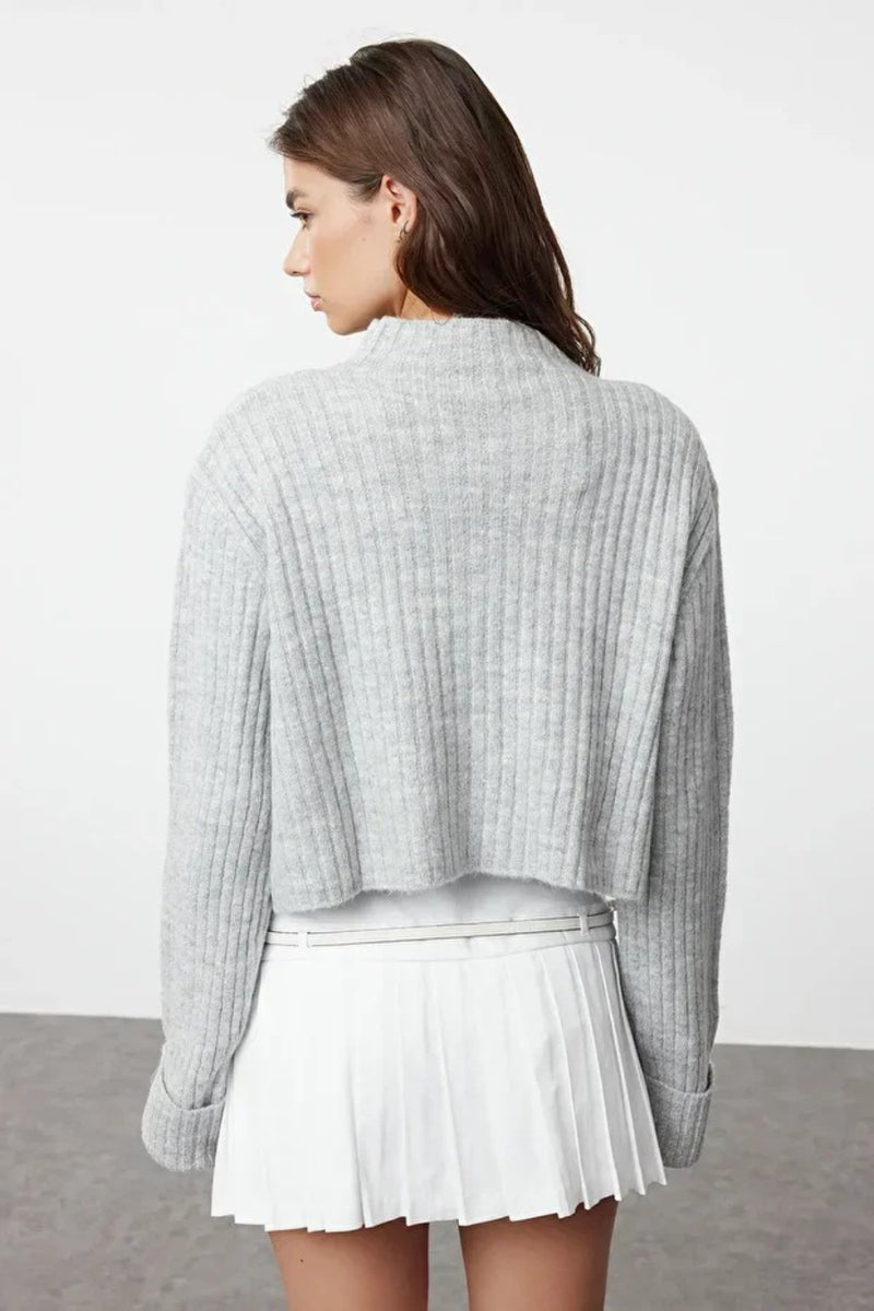 Cropped Soft-Textured High Neck Knit Cardigan