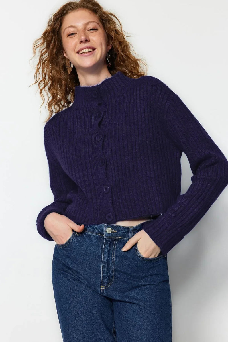 Cropped Soft-Textured High Neck Knit Cardigan