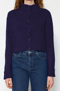 Cropped Soft-Textured High Neck Knit Cardigan