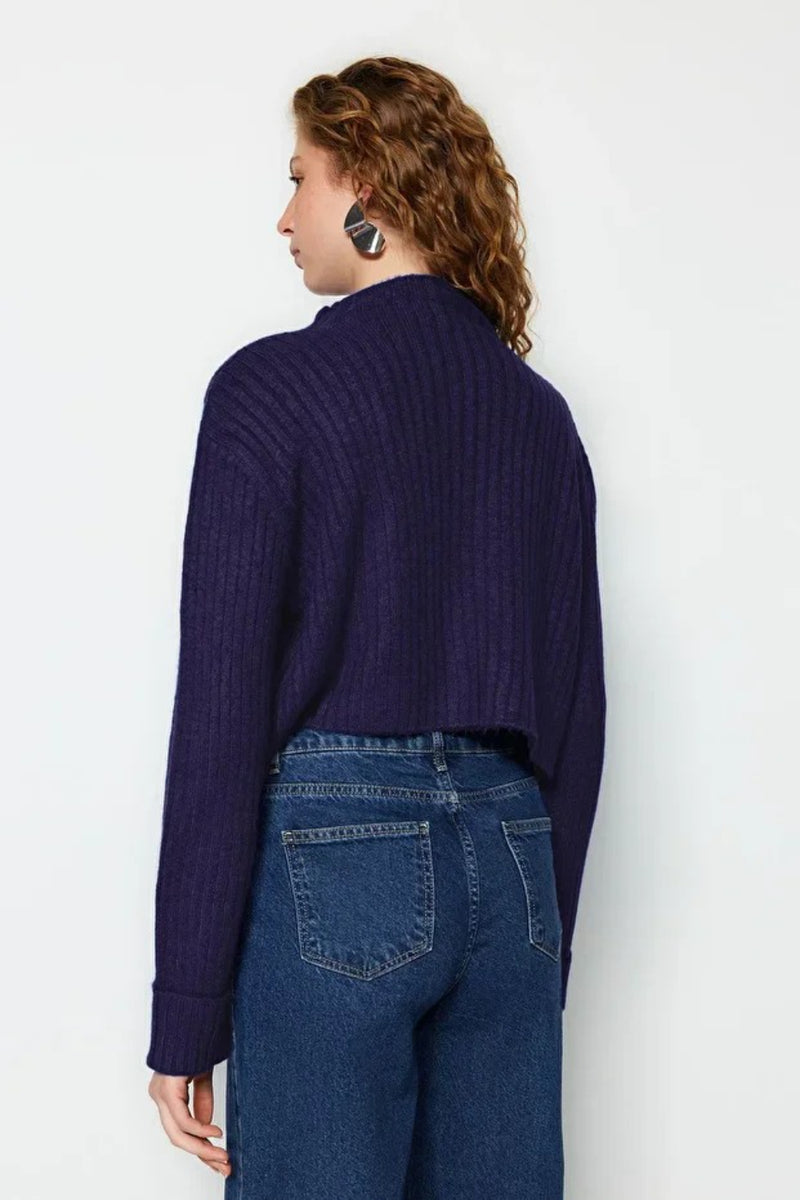 Cropped Soft-Textured High Neck Knit Cardigan