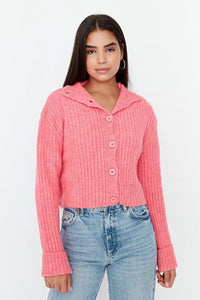 Cropped Soft-Textured High Neck Knit Cardigan