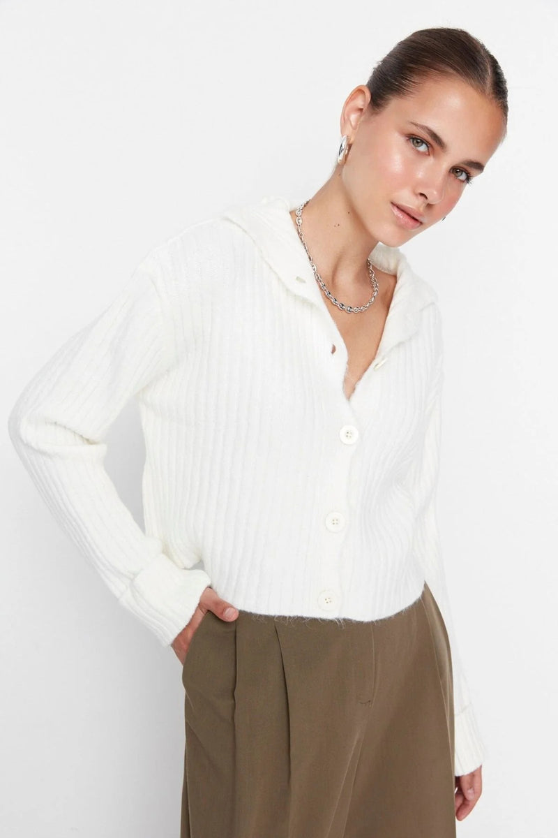 Cropped Soft-Textured High Neck Knit Cardigan