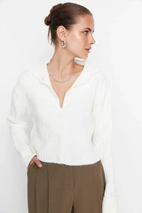 Cropped Soft-Textured High Neck Knit Cardigan