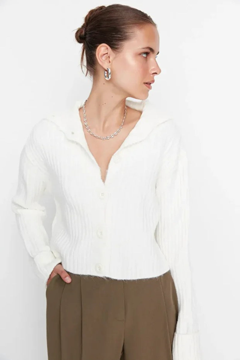 Cropped Soft-Textured High Neck Knit Cardigan