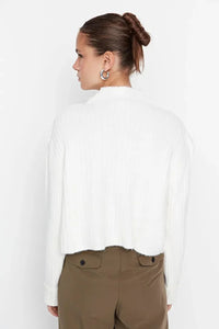Cropped Soft-Textured High Neck Knit Cardigan