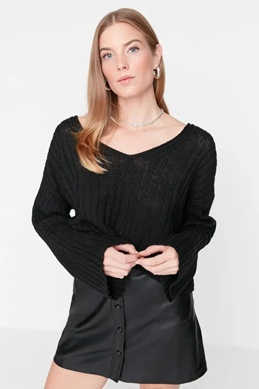 Mercerized Look Wool Blend Oversized Basic Knit Sweater