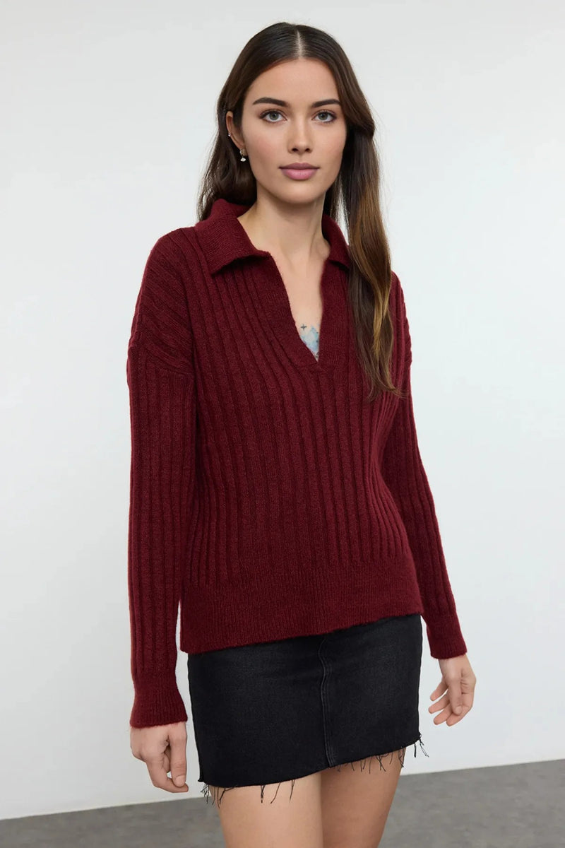Soft-Textured Polo Neck Knit Sweater
