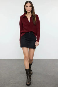 Soft-Textured Polo Neck Knit Sweater