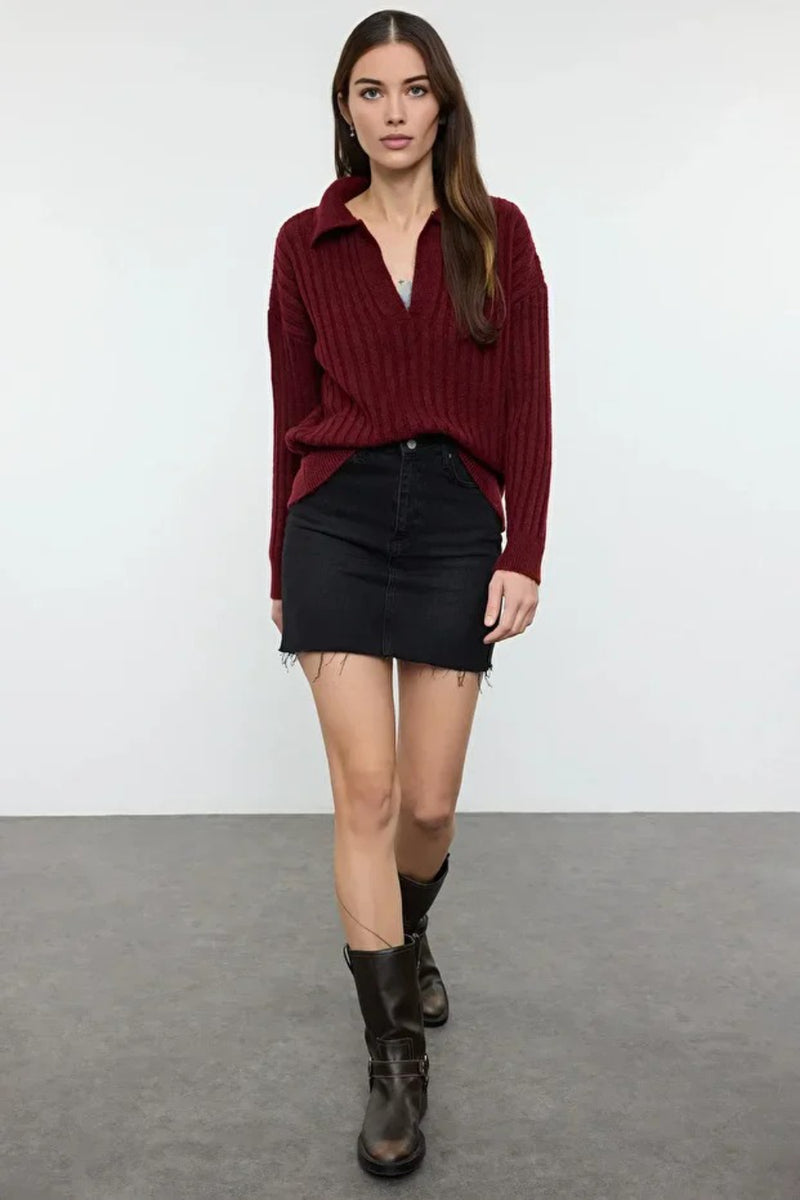 Soft-Textured Polo Neck Knit Sweater