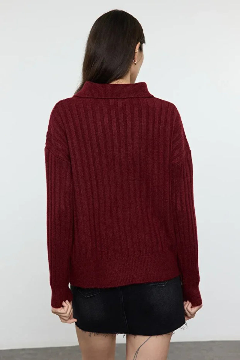 Soft-Textured Polo Neck Knit Sweater