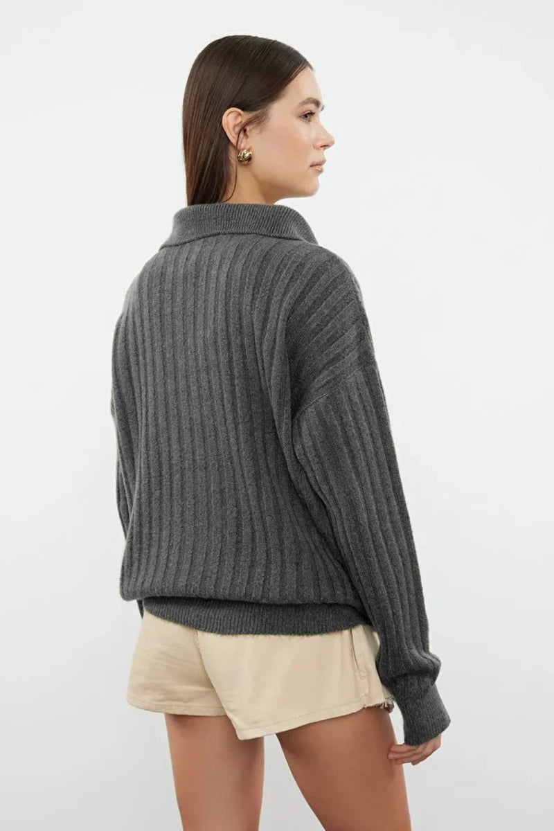 Soft-Textured Polo Neck Knit Sweater