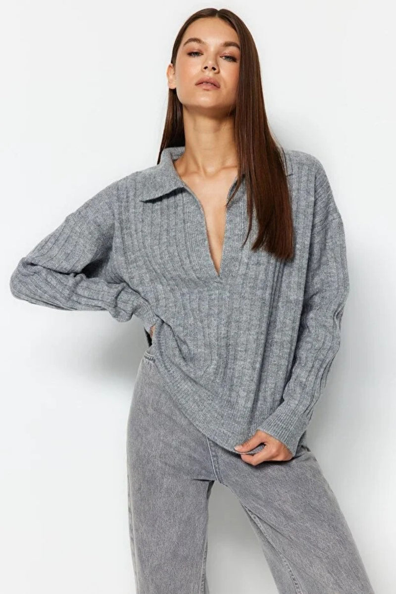 Soft-Textured Polo Neck Knit Sweater