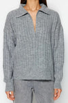 Soft-Textured Polo Neck Knit Sweater