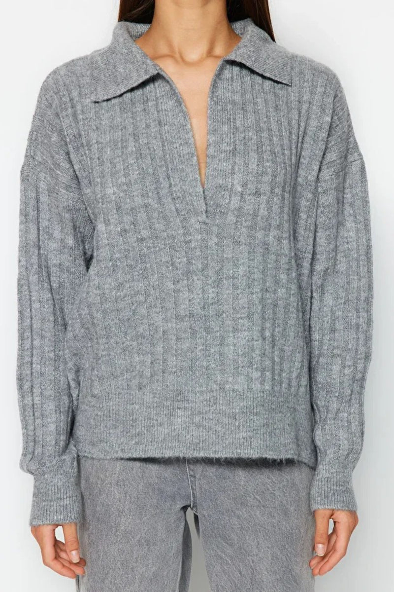 Soft-Textured Polo Neck Knit Sweater
