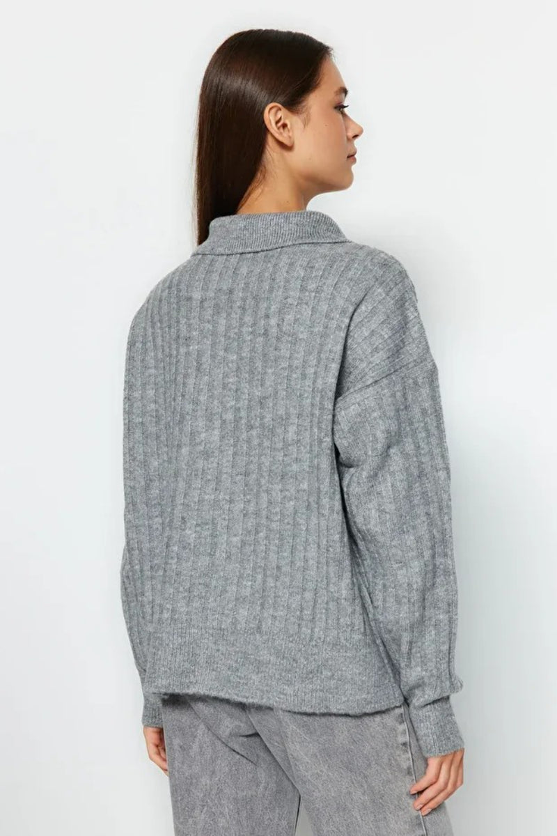 Soft-Textured Polo Neck Knit Sweater