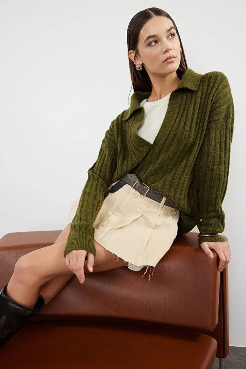 Soft-Textured Polo Neck Knit Sweater