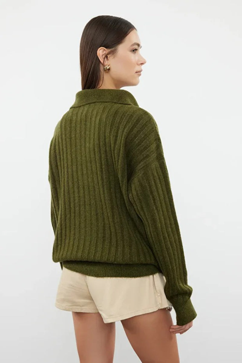 Soft-Textured Polo Neck Knit Sweater