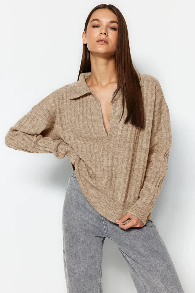 Soft-Textured Polo Neck Knit Sweater