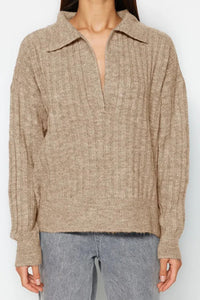 Soft-Textured Polo Neck Knit Sweater