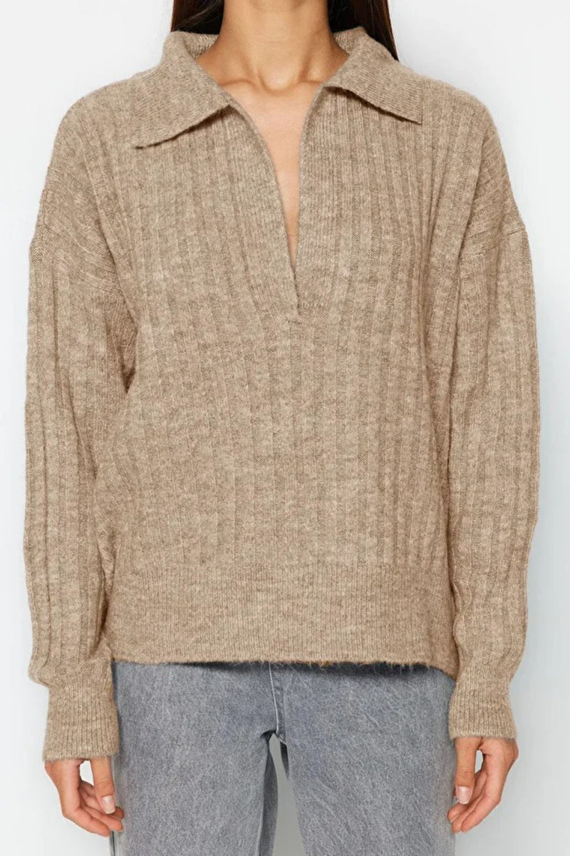Soft-Textured Polo Neck Knit Sweater