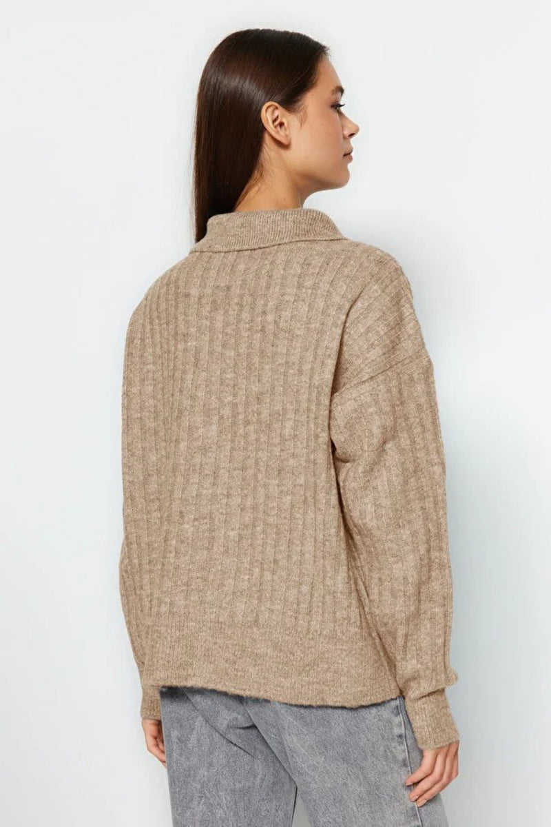 Soft-Textured Polo Neck Knit Sweater