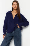 Soft-Textured Polo Neck Knit Sweater