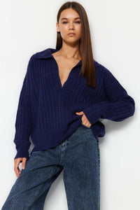 Soft-Textured Polo Neck Knit Sweater
