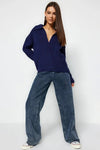 Soft-Textured Polo Neck Knit Sweater