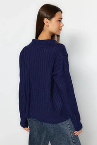Soft-Textured Polo Neck Knit Sweater
