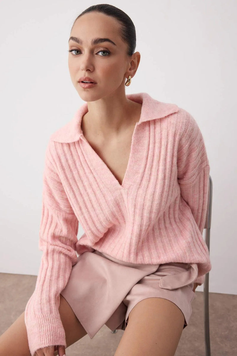 Soft-Textured Polo Neck Knit Sweater