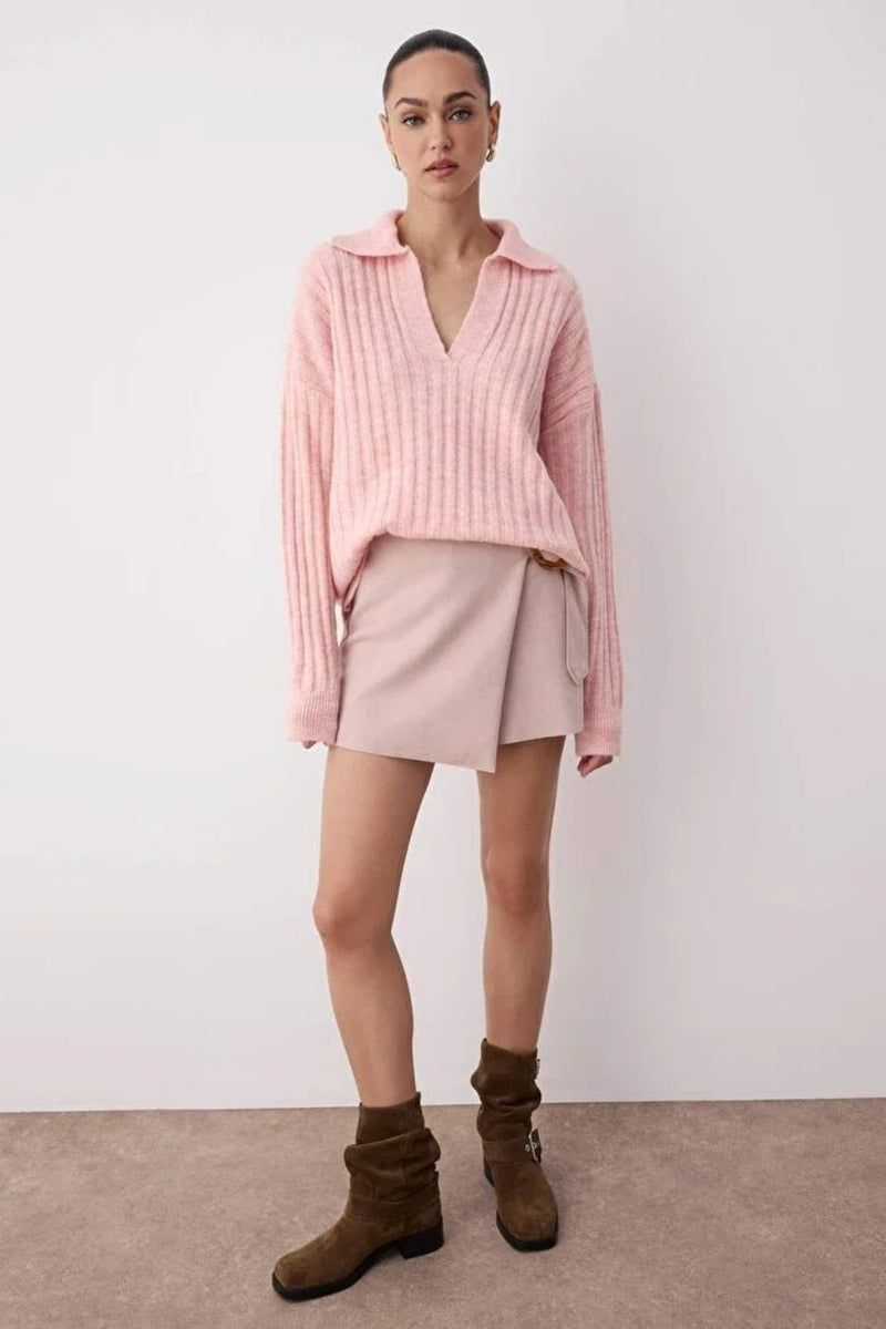 Soft-Textured Polo Neck Knit Sweater